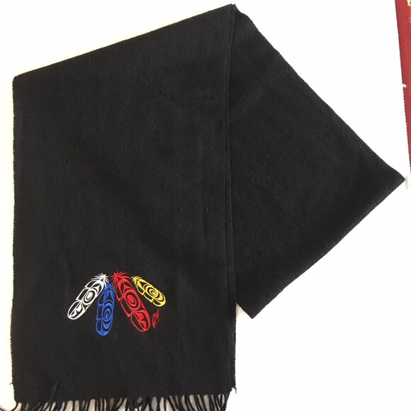 100% Wool Native Motifs Scarf Black 12" * 76" Embroidery Applique Long Fringe - Picture 2 of 5